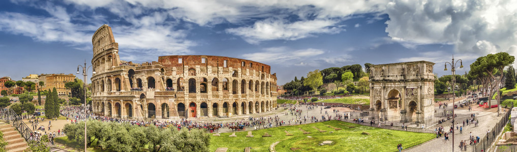 Panoramic aerial view of the Colosseum and Arch of Constantine, Rome, Italy