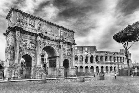 Arch of Constantine and The Colosseum at the Roman Forum in Rome, Italy