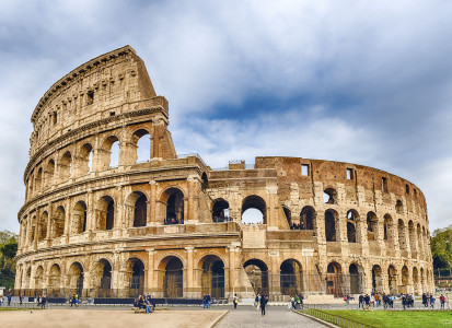 View over the iconic Flavian Amphitheatre, aka Colosseum in Rome, Italy