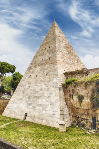 Scenic view of the Pyramid of Cestius, iconic landmark in Testaccio district in Rome, Italy
