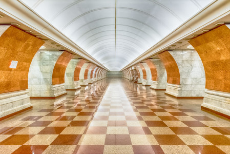Park Pobedy subway station in Moscow, Russia. The station is on the Arbatsko-Pokrovskaya Line of the Moscow Metro and opened in 2003