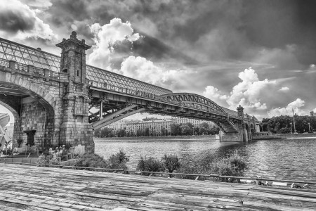 View over Pushkinsky Pedestrian Bridge from Gorky Park in central Moscow, Russia