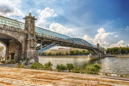 View over Pushkinsky Pedestrian Bridge from Gorky Park in central Moscow, Russia