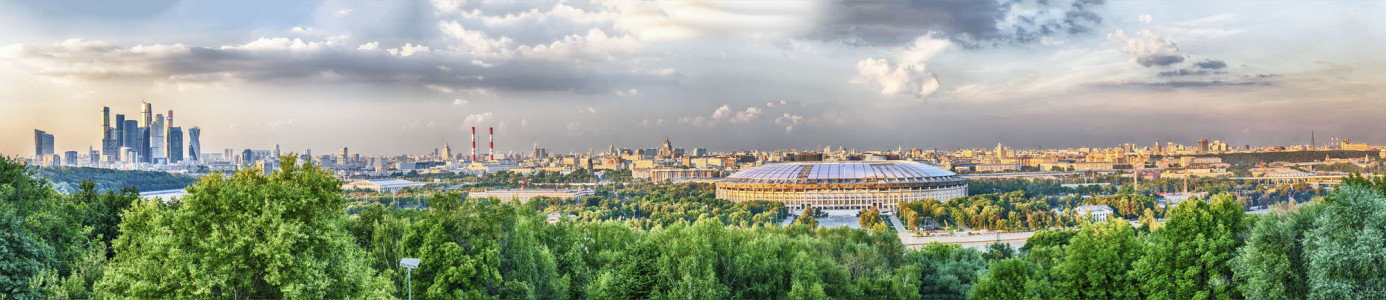 Panoramic view of central Moscow and Luzhniki Stadium from Sparrow Hills. Russia