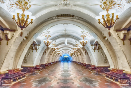 Arbatskaya subway station in Moscow, Russia. The station is on the Arbatsko-Pokrovskaya Line of the Moscow Metro and opened in 1953