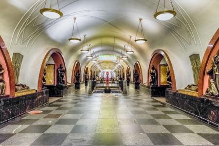 Ploshchad Revolyutsii subway station in Moscow, Russia. The station is on the Arbatsko-Pokrovskaya Line of the Moscow Metro and opened in 1938