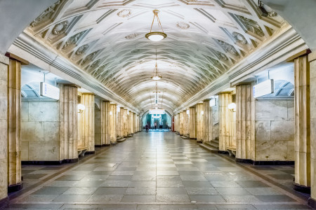 Teatralnaya subway station in Moscow, Russia. The station is on the Zamoskvoretskaya Line of the Moscow Metro and opened in 1938