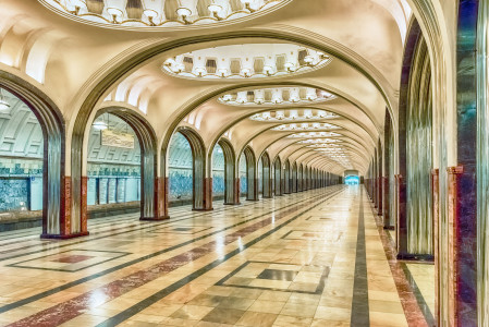 Mayakovskaya subway station in Moscow, Russia. A fine example of Stalinist architecture and one of the most famous Metro stations in the world. Opened in 1938