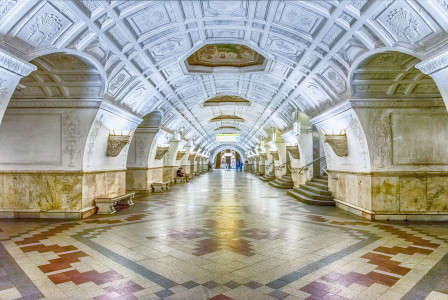 Belorusskaya subway station in Moscow, Russia. The station is on the Koltsevaya Line of the Moscow Metro and opened in 1952