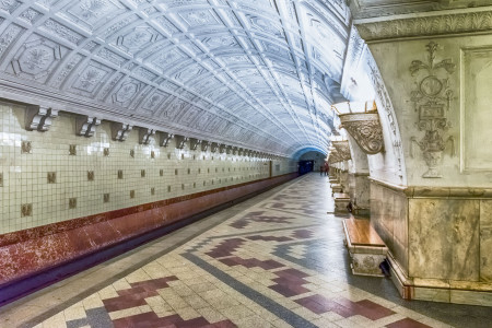 Belorusskaya subway station in Moscow, Russia. The station is on the Koltsevaya Line of the Moscow Metro and opened in 1952