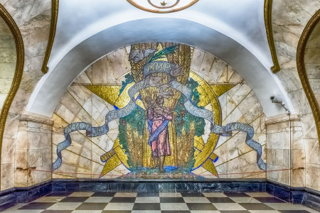Mosaic art in Novoslobodskaya subway station, Moscow, Russia. The station is on the Koltsevaya Line of the Moscow Metro and opened in 1952
