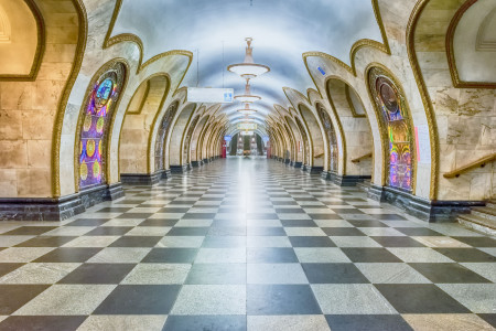 Novoslobodskaya subway station in Moscow, Russia. The station is on the Koltsevaya Line of the Moscow Metro and opened in 1952