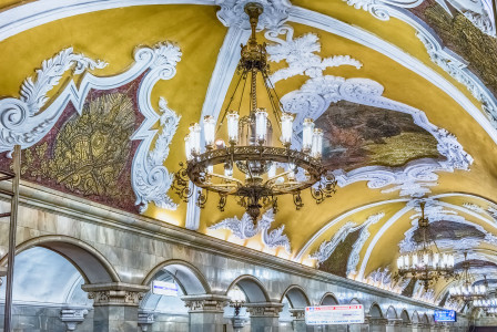 Komsomolskaya subway station in Moscow, Russia. The station is on the Koltsevaya Line of the Moscow Metro and opened in 1952
