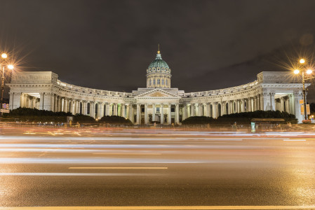 Facade and colonnade of Kazan Cathedral at night in St. Petersburg, Russia