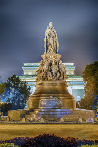 Night view of the monument to Queen Ekaterina and Her favourites, St. Petersburg, Russia