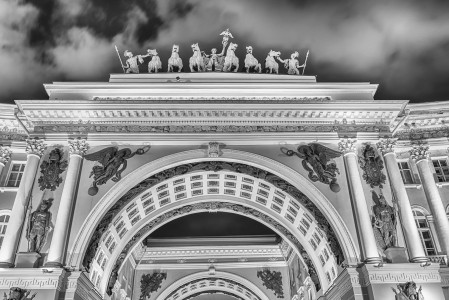 Facade of the iconic General Staff Building, scenic landmark in St. Petersburg, Russia