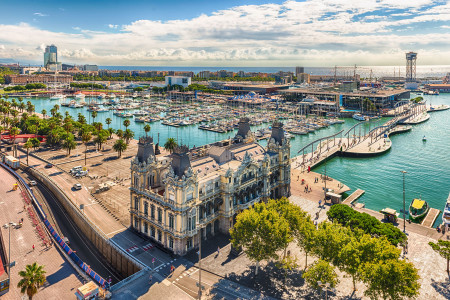 Scenic aerial view of Port Vell from the top of Columbus Monument, Barcelona, Catalonia, Spain