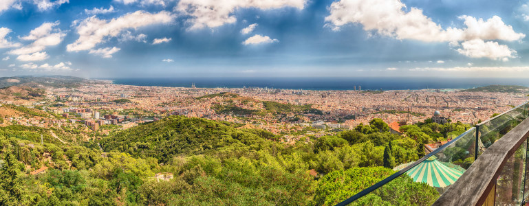 Panoramic aerial view from Tibidabo mountain over the city of Barcelona, Catalonia, Spain