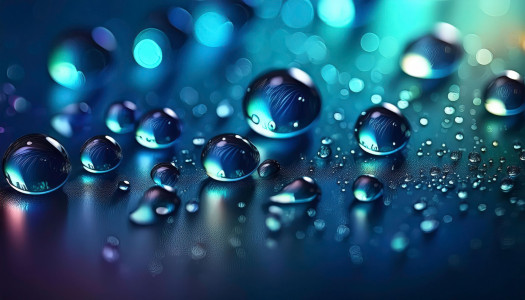 Delicate water droplets and bokeh lights sparkle on a textured blue surface. AI-generated content