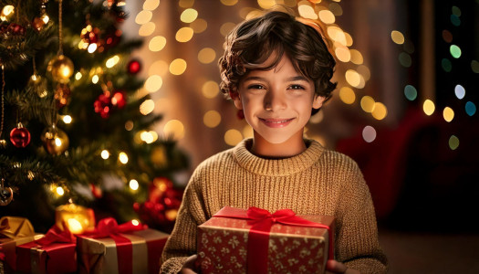Young boy is holding a christmas present while smiling by the christmas tree. AI-generated content