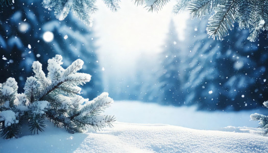 Snow is falling on pine tree branches in a peaceful winter forest. AI-generated content