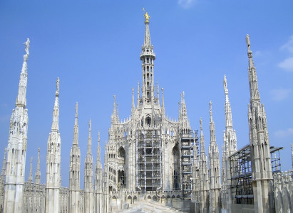 The Madonnina Statue on the roof of the iconic Milan Gothic Cathedral, Italy