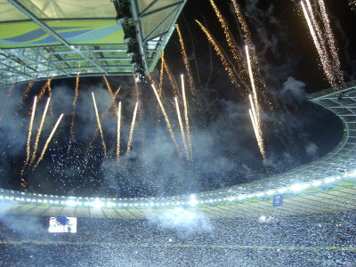 Celebration of a victory at Olympiastadion in Berlin, Germany. Concept for success and celebration