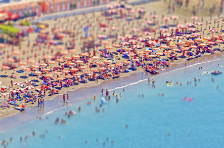 Aerial view of a beach in Sorrento Peninsula, Mediterranean Sea, Italy. Tilt-shift effect applied