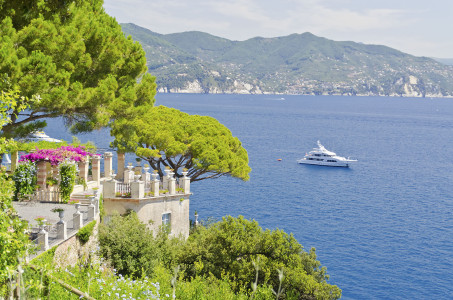 Aerial view of a scenic coastline near Portofino, Liguria, Italy