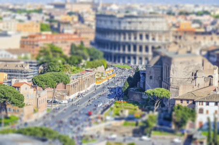Aerial view of the Colosseum and the Roman Forum, Rome, Italy. Tilt-shift effect applied