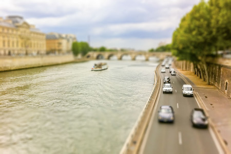The Seine river in central Paris on a cloudy day, France. Tilt-shift effect applied