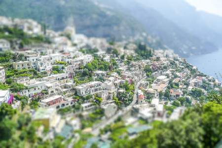 Aerial view of Positano Village on the Amalfi Coast, Italy. Tilt-shift effect applied